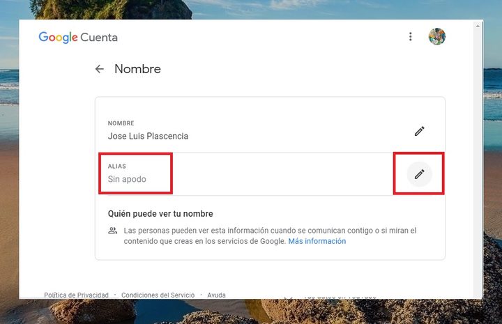 Menú de configuración para cambiar tu nombre en YouTube 4