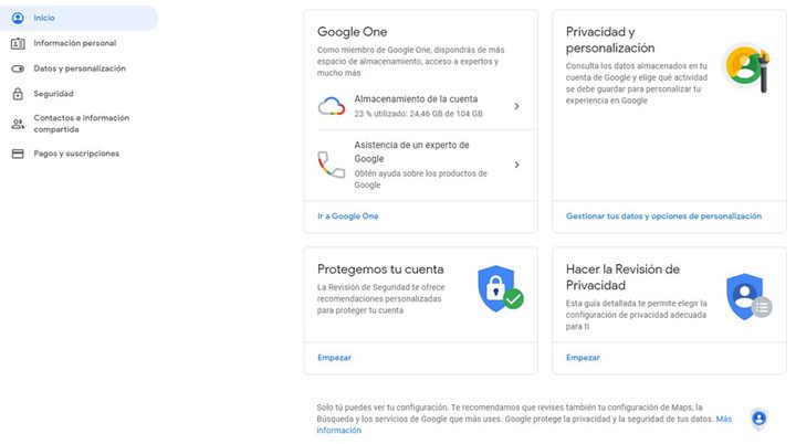 Interfaz para administrar la cuenta de Google