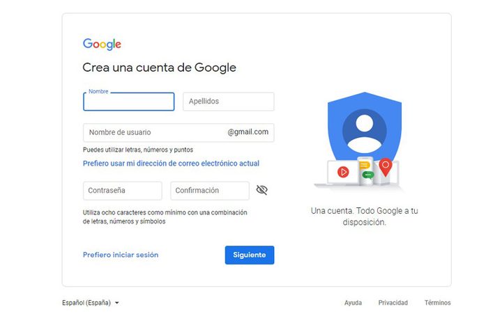 Interfaz principal para crear una cuenta de Google