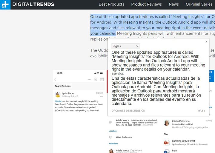 Muestra de traducción a través del Traductor de Google