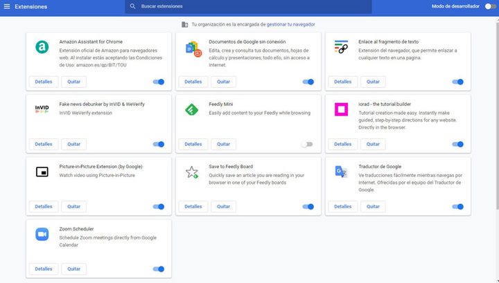 Interfaz de extensiones en Google Chrome