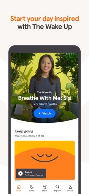 Captura de pantalla de la aplicación Headspace con la función "Wake Up" para empezar el día.