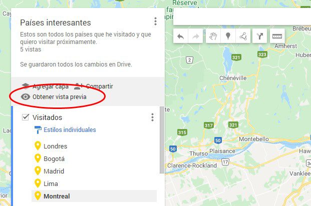 Vista previa de un mapa en Maps.