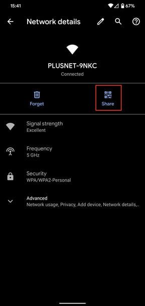 Pantalla de configuración para compartir wifi en Android 10 3