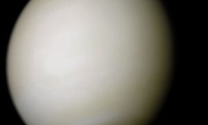 planeta Venus en su color real, gris clarito, en una foto tomada por la sonda Mariner 10