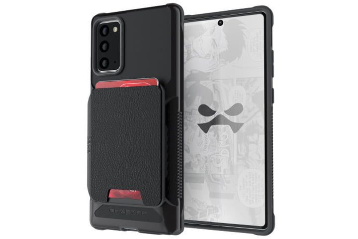 La foto muestra la vista frontal y posterior de un Samsung Galaxy Note 20 con una funda negra Ghostek Exec 4 con tarjetas de crédito.