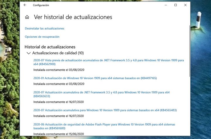 Historial de actualizaciones de Windows 10
