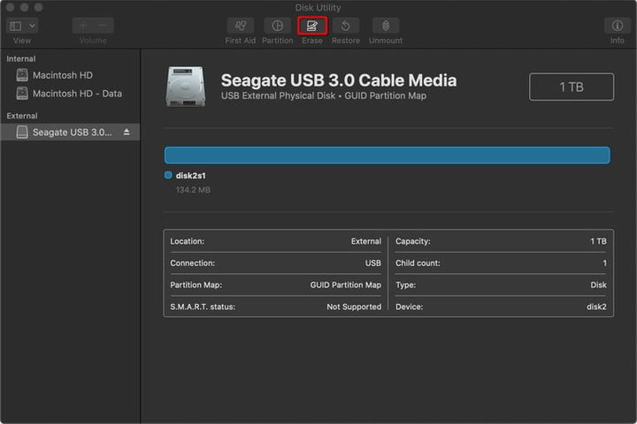 Disk Utility de Mac Menu de Administración de discos para aprender a cómo compartir un disco duro