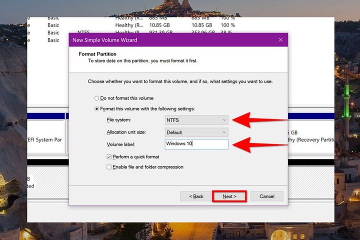 Seleccionando tipo de sistema de archivos y capacidad Menú de Administración de discos para aprender a cómo compartir un disco duro