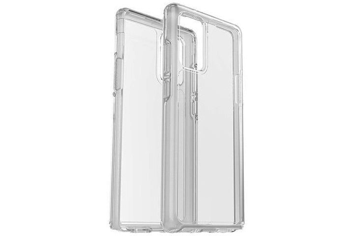 La foto muestra la vista frontal y posterior de una funda transparente para el Samsung Galaxy Note 20 de OtterBox