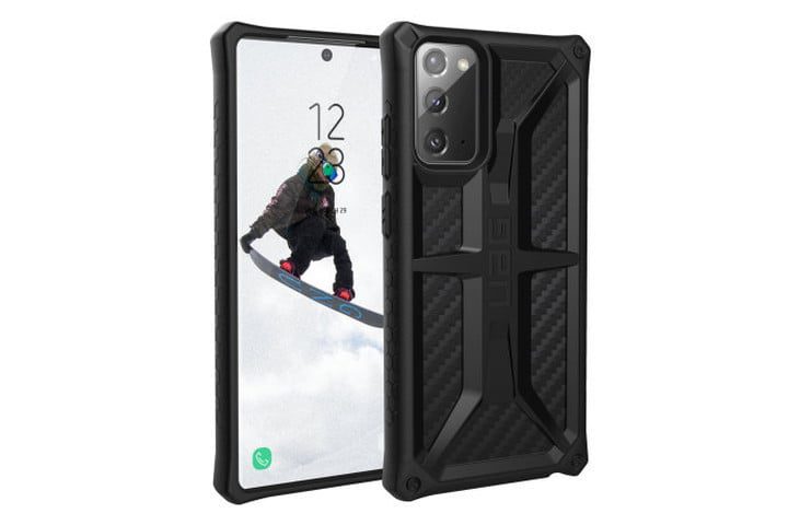 La foto muestra la vista frontal y posterior de un Samsung Galaxy Note 20 protegido con una funda de fibra de carbono Monarch de Urban Armor Gear en color negro