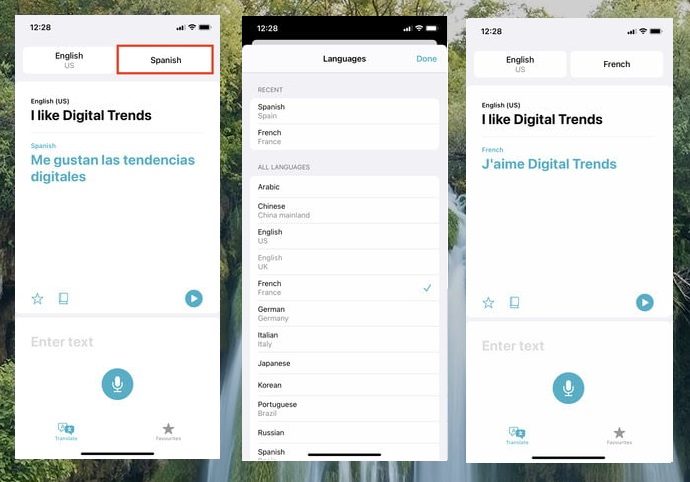 Pantallas para aprender cómo cambiar de idioma en la app Traducir en iOS14