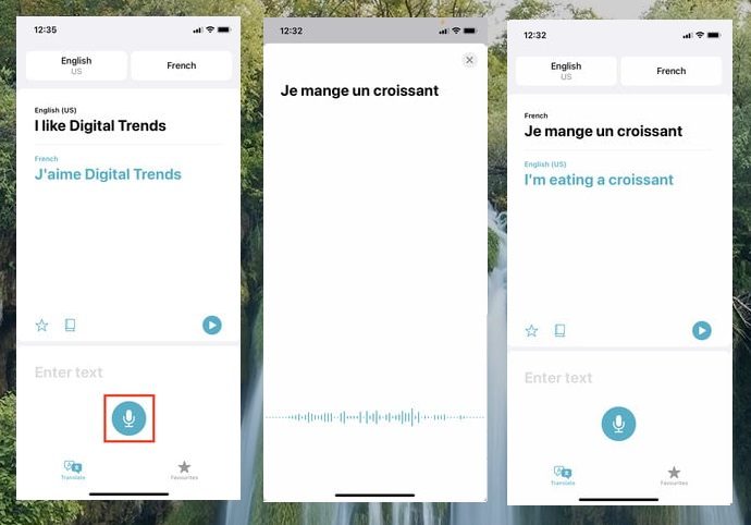 Pantallas para aprender cómo utilizar el dictado de voz en la app Traducir en iOS14