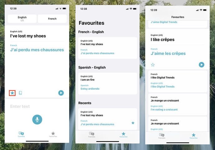 Pantallas para aprender cómo guardar Favoritos en la app Traducir en iOS14