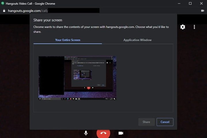 Configuración para compartir pantalla para revisar los problemas en Hangouts