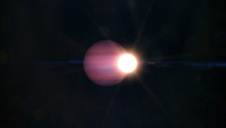 Ilustración del planeta WD 1856 b y la enana blanca que orbita.