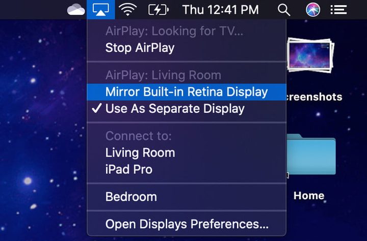 Selección de pantalla en AirPlay para conectar el PC a la TV