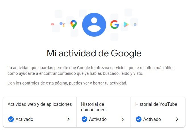 Interfaz de Mi Actividad en Google