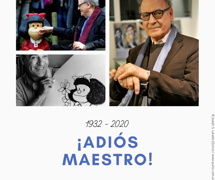 Fotografía en la que se ve a Quino y su personaje Mafalda