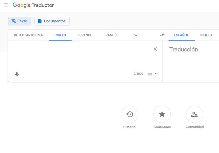 Interfaz principal del Traductor de Google