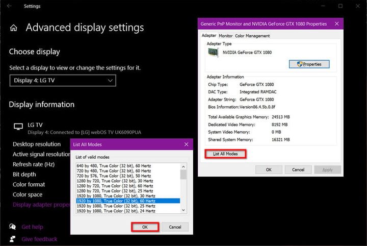 Menú de información de dispositivo de video en Windows 10 para conectar el PC a la TV