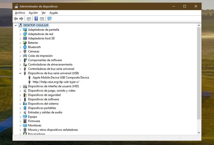 Pantalla de Administrador de Dispositivos en Windows 10