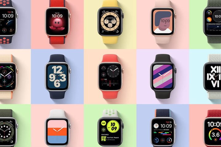 Composición digital de una matriz de diferentes Apple Watch para comparar Apple Watch SE vs. Apple Watch Series 3