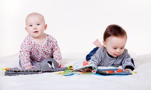 La imagen muestra a dos bebés mirando libros.