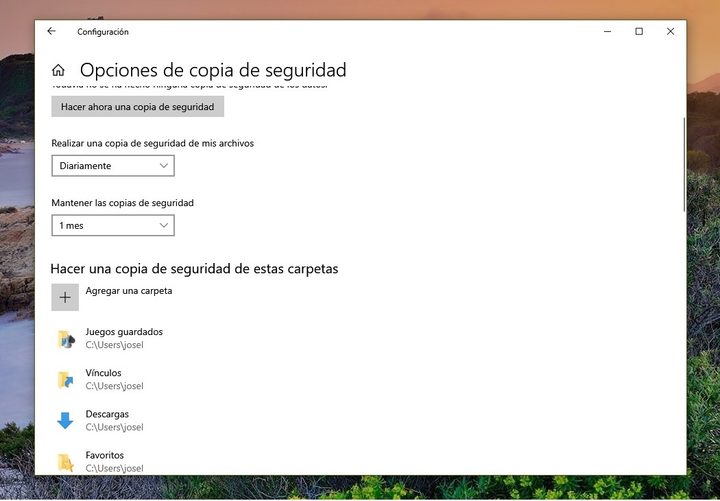 Configuración de respaldo para reinstalar Windows 10