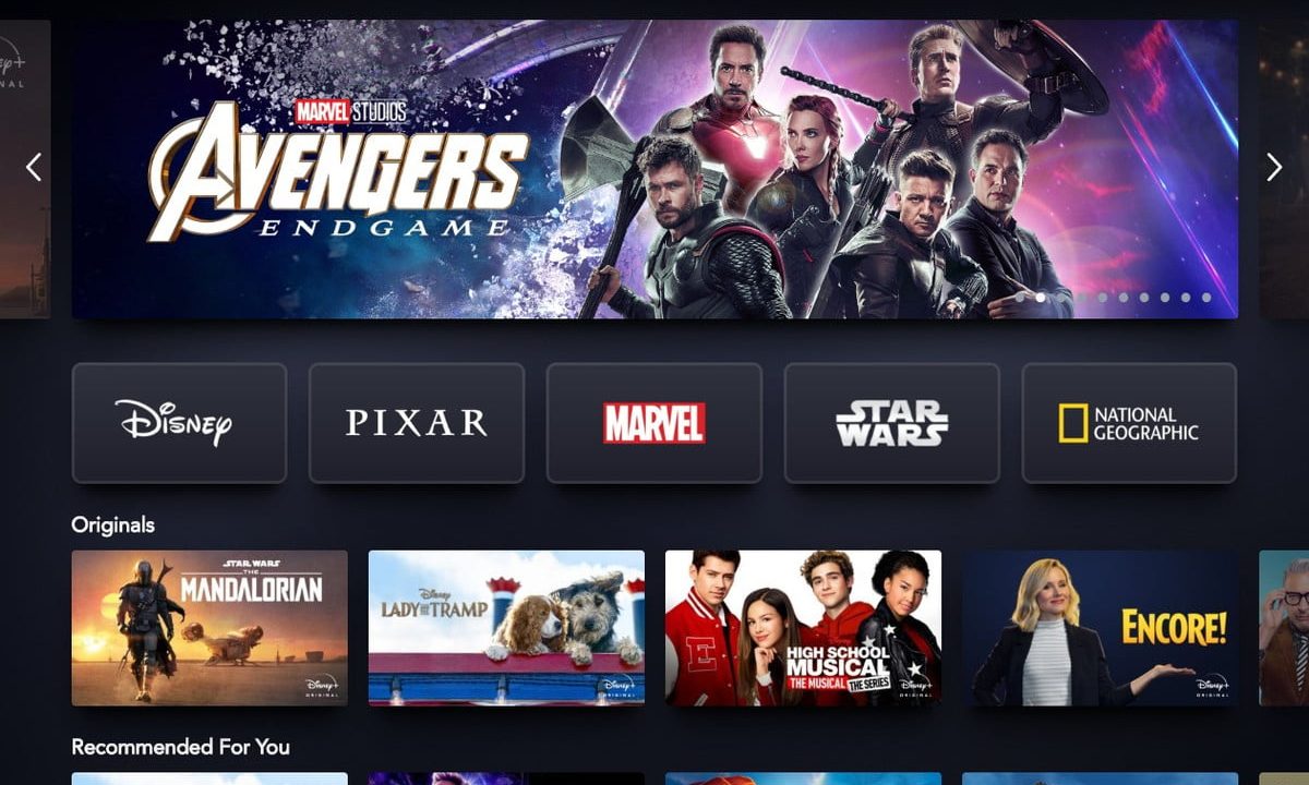 Interfaz de Disney Plus