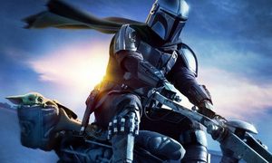 La imagen muestra un afiche de la serie The Mandalorian.