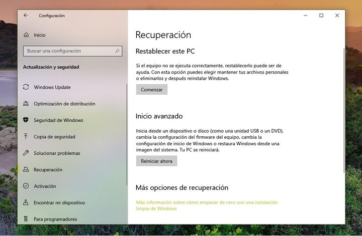 Reinstalar Windows 10 desde un punto de recuperación