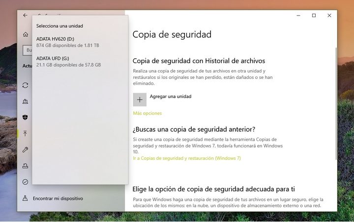Agregar unidad de respaldo para reinstalar Windows 10