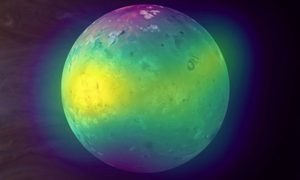 La imagen muestra los gases provenientes de la actividad volcánica en la luna Io de Júpiter.