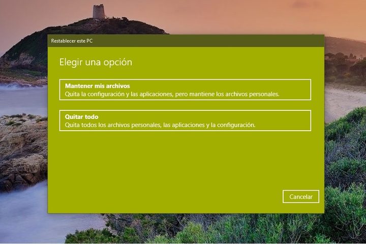 Opción para reinstalar Windows 10
