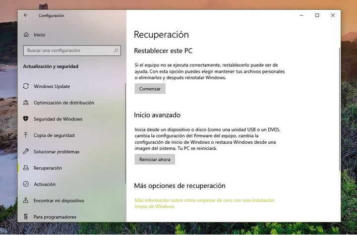 Proceso de Recuperación para reinstalar Windows 10
