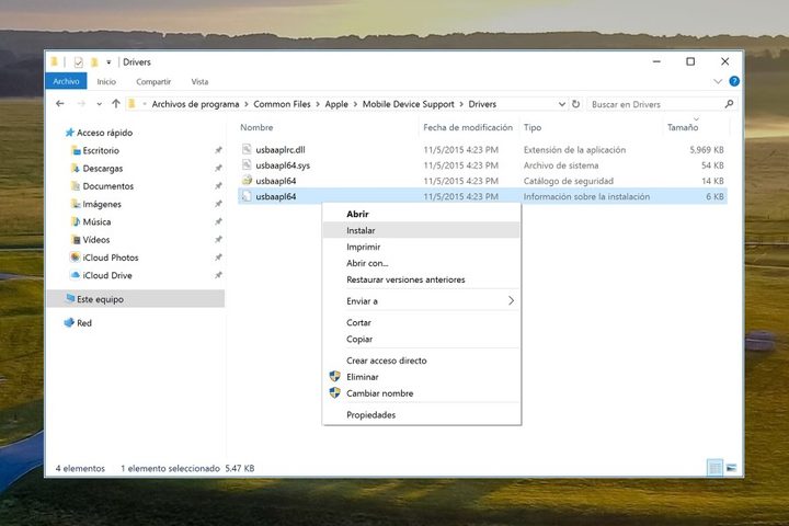 Pantalla de Windows para actualización de drivers de iPhone