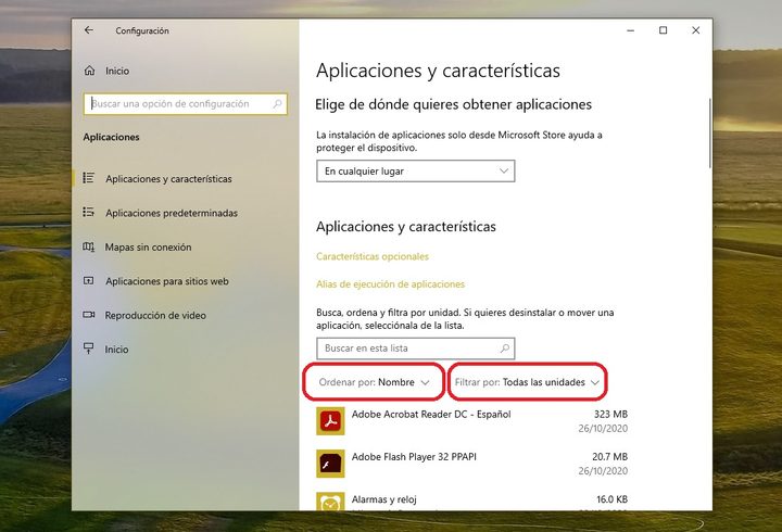 Menú de Aplicaciones para filtrarlas por nombre