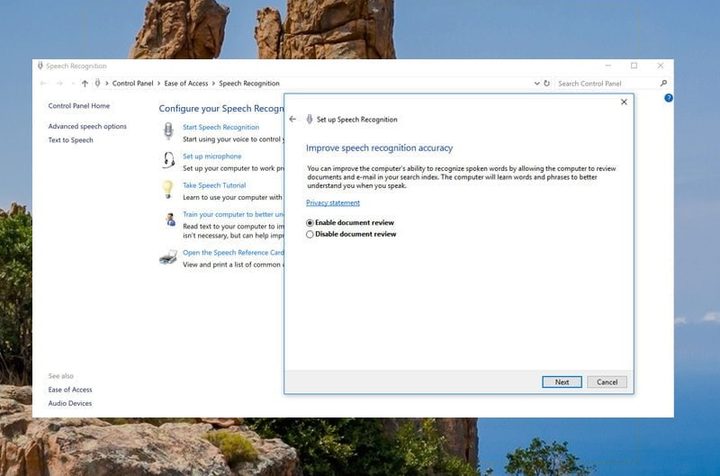 Pantalla para configurar el reconocimiento de voz en Windows 10