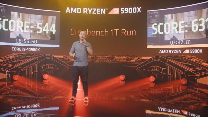 Ejecutivo mostrando los benchmarks de los procesadores AMD Ryzen 5000