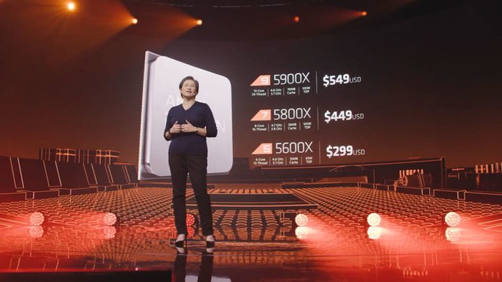 Lisa Su mostrando modelos y precios de los procesadores AMD Ryzen 5000