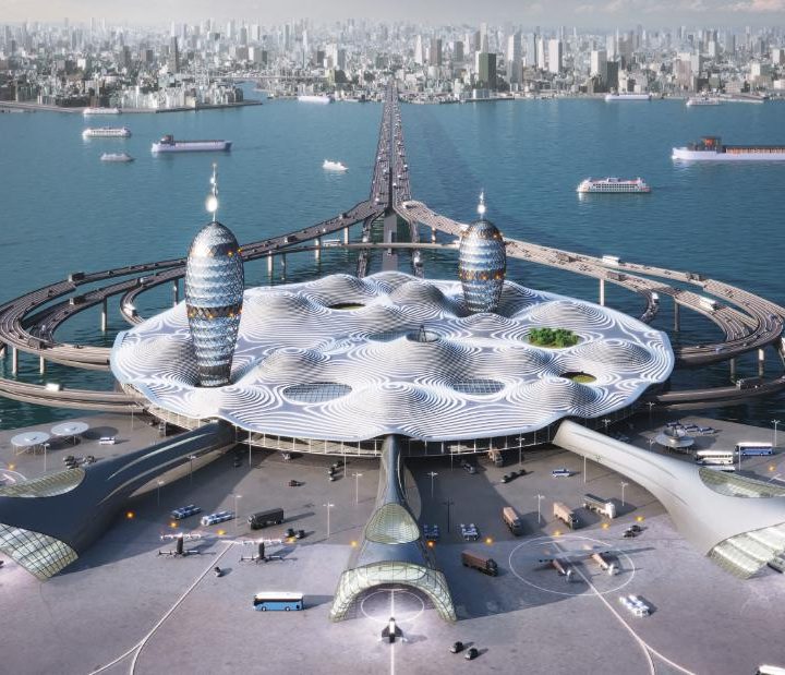 La imagen muestra el diseño del Aeropuerto Espacial pensado para Japón.