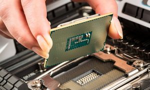 Una persona con un procesador en la mano para instalarlo en una placa base y comparar Intel i5-10600K vs. i7-10700K