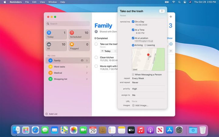 Pantalla de Recordatorios en Mac, personalización detallada