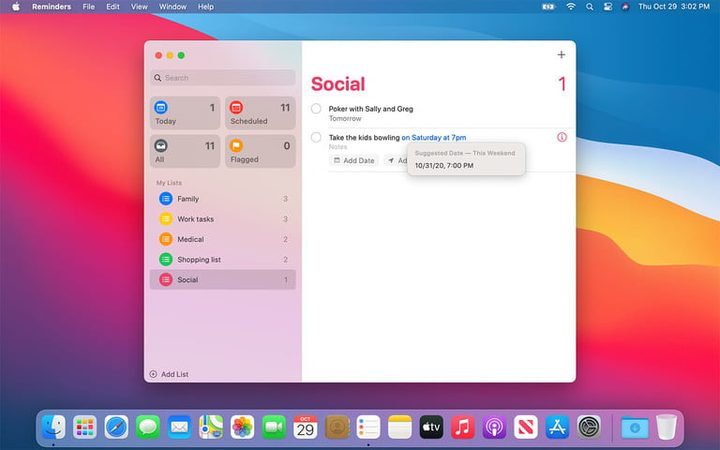Pantalla de Recordatorios en Mac usando Siri