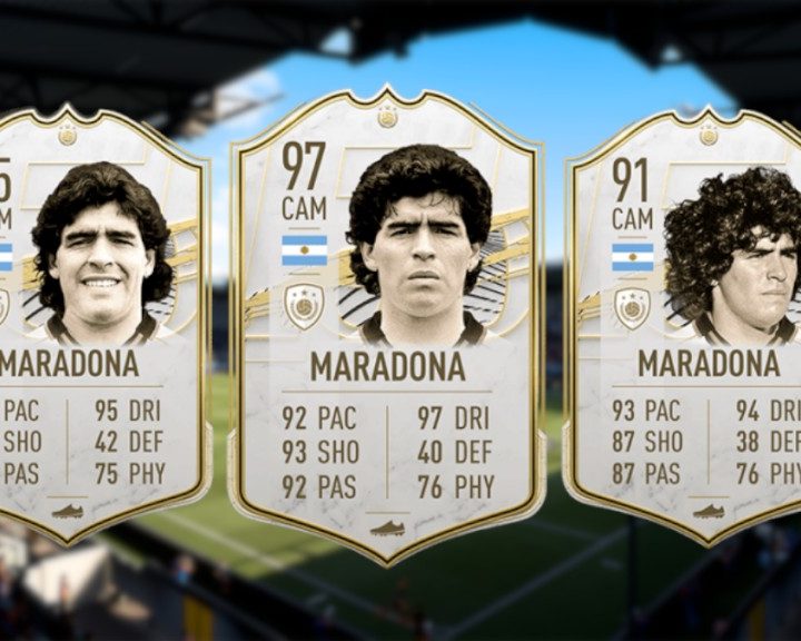 La imagen muestra la carta y la calificación de Maradona en el Fifa Ultimate Team.