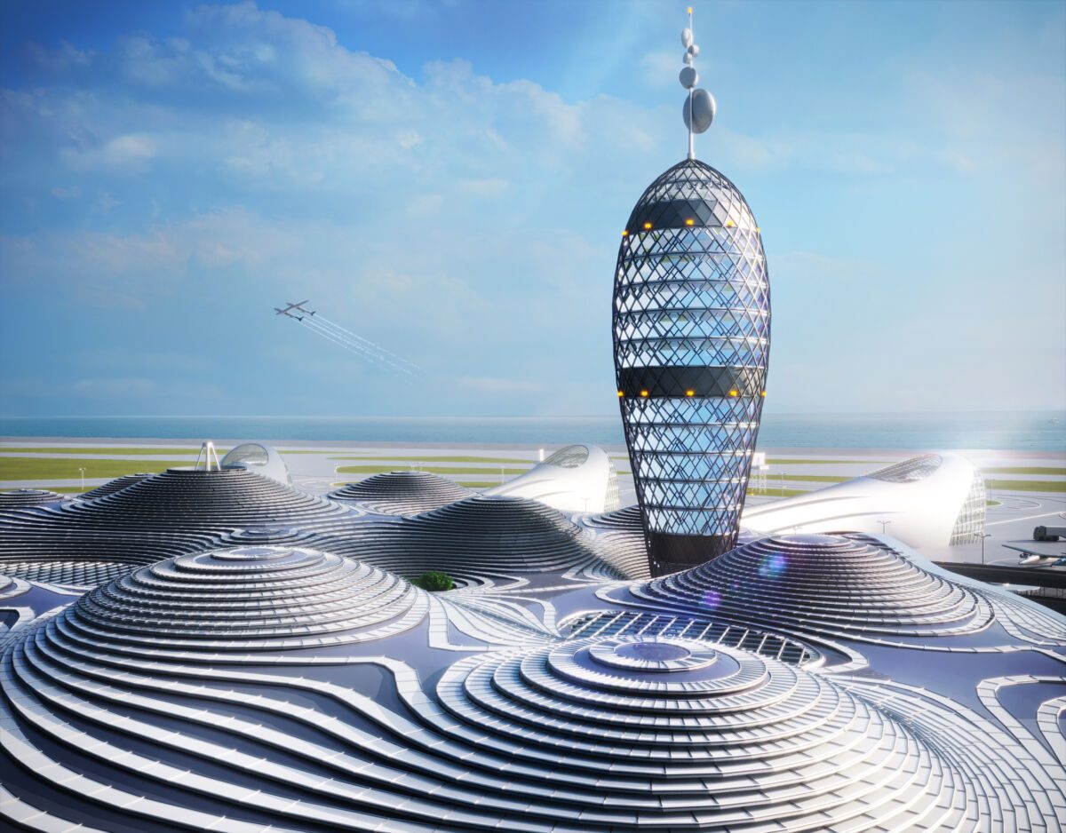 La imagen muestra el diseño del Aeropuerto Espacial pensado para Japón.