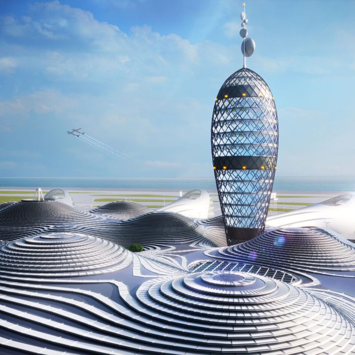 La imagen muestra el diseño del Aeropuerto Espacial pensado para Japón.