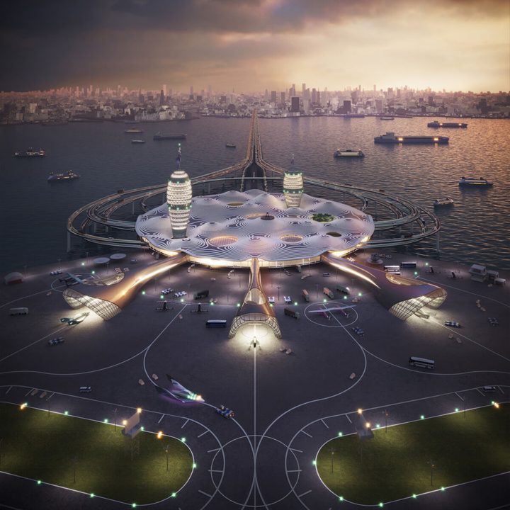 La imagen muestra el diseño del Aeropuerto Espacial pensado para Japón.