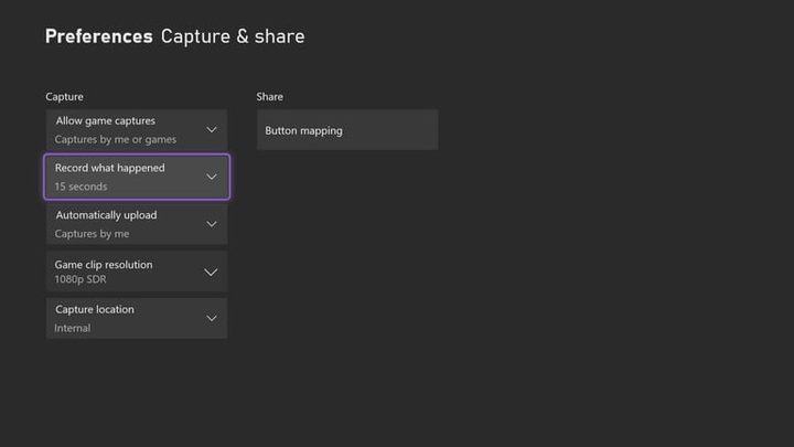 Pantalla de configuración Xbox Series X para configurar la captura